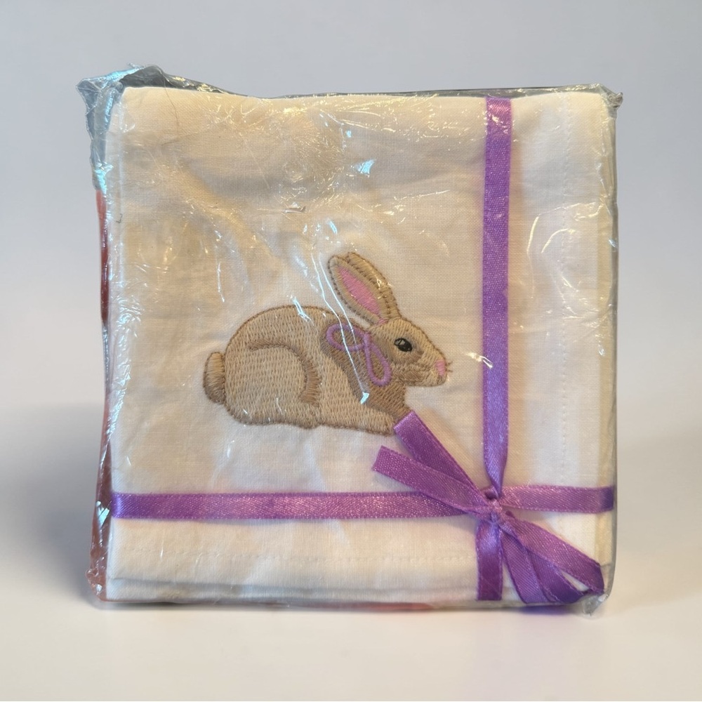 Set of four Embroidered Bunny Cotton Napkins with Purple Ribbon